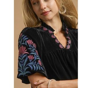 "The Gayle" Black Velvet Embroidered Top